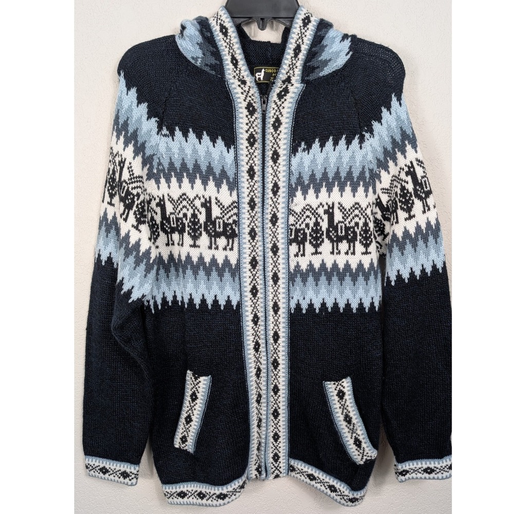 Cusco Alpaca Peru Aztec 100% Alpaca Llama Hooded Blue Zip Front Sweater‎ Medium